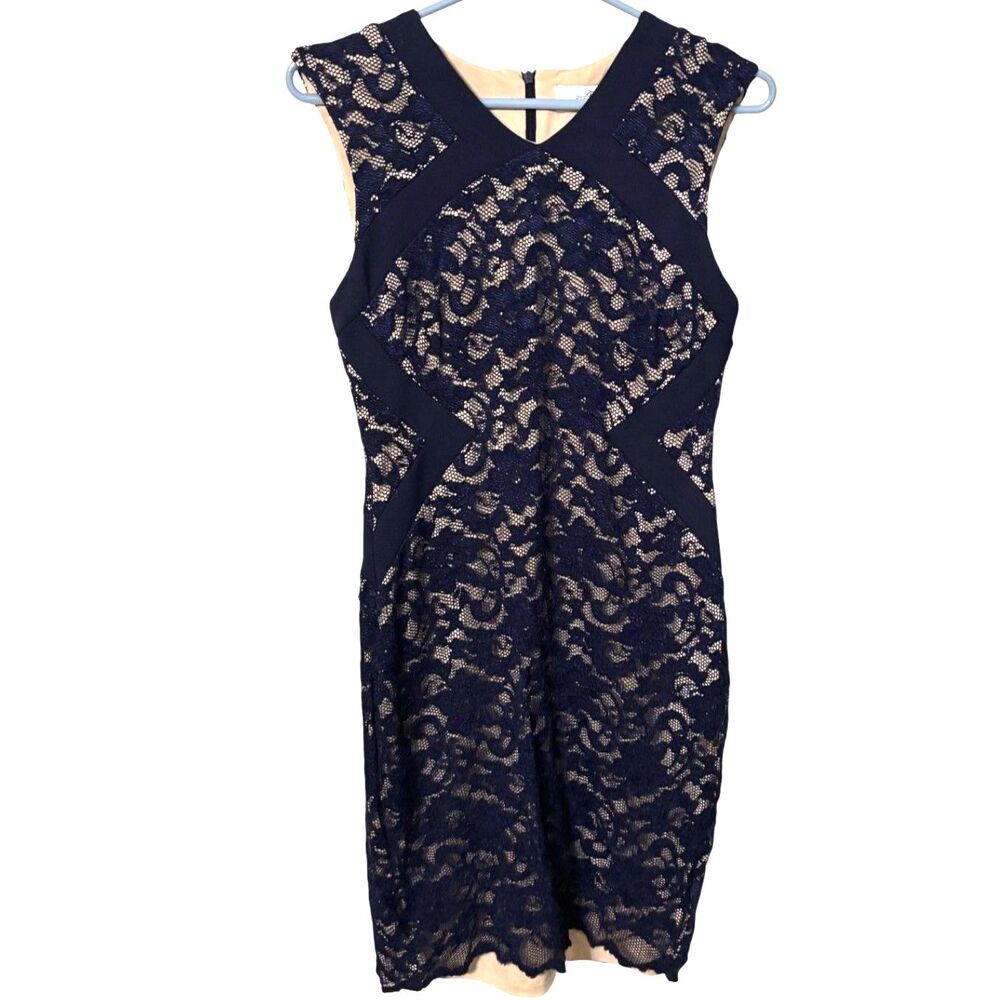 Belle Badgley Mischka Navy Lace Sheath Dress Size 4 Nude Lined Cocktail Midi